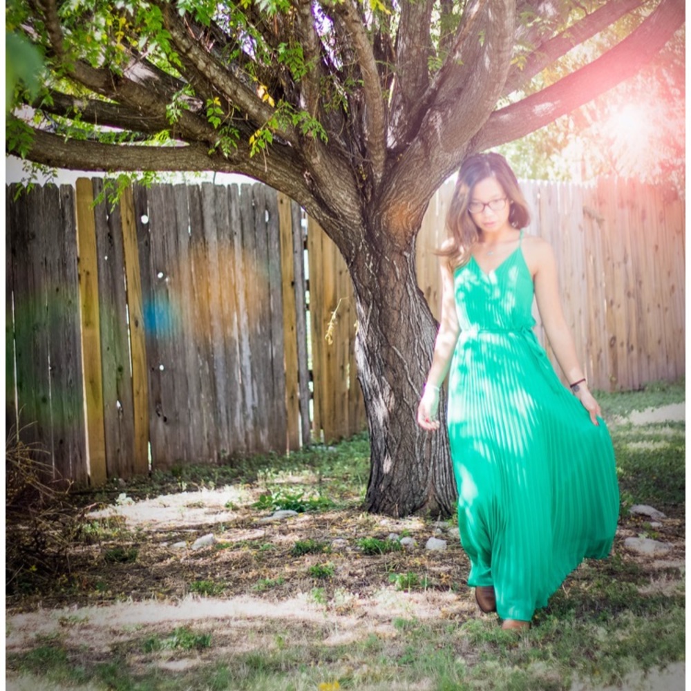 Emerald pleated maxi dress